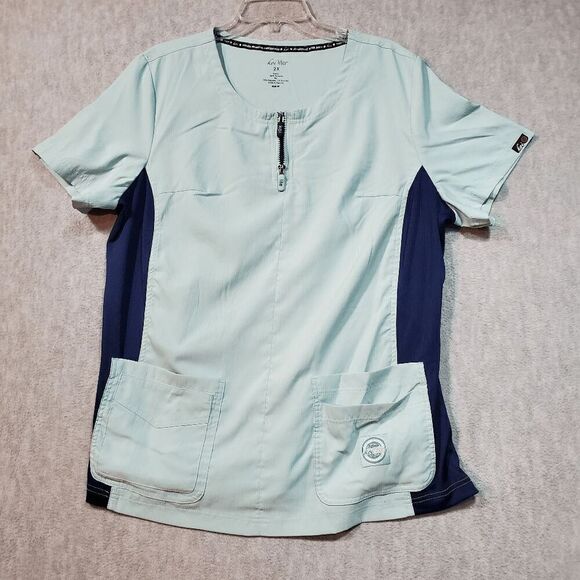 Kol Lite Top Womens 2X Green Scrub Serenity Slim Fit Logo Double Pockets 1/4 Zip - Picture 1 of 9